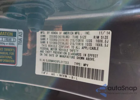 2015 Honda Cr-V Lx из США, поврежденный, VIN 5J6RM4H39FL017253